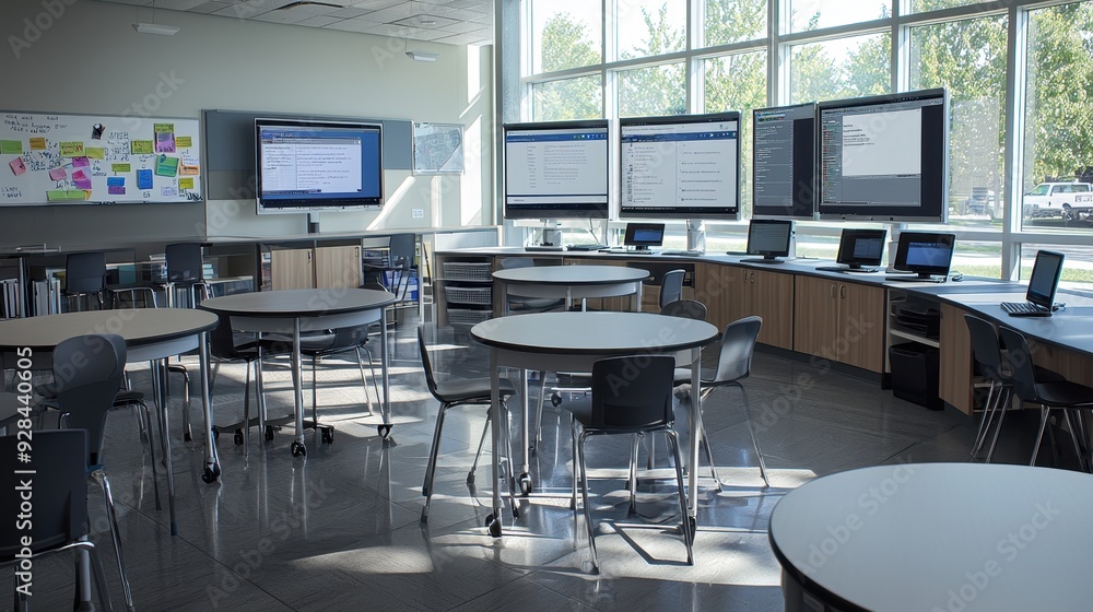 Modern Classroom with Technology and Round Tables. Modern Classroom with Technology and Round Tables.