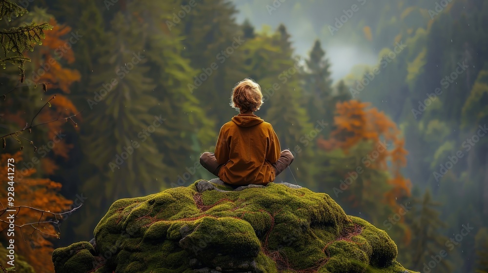 This image shows a person sitting on a rock in a forest with a view of a valley. This image shows a person sitting on a rock in a forest with a view of a valley.