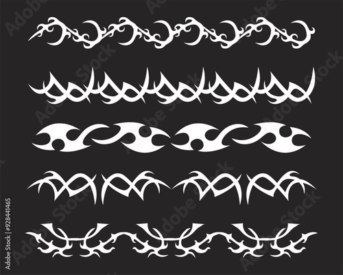 Set Neotribal y2k aesthetic tattoo gothic border cover, flame or wings abstract divider silhouette isolated on background. Divider, border, cyber body ornament, neotribal web goth decoration
