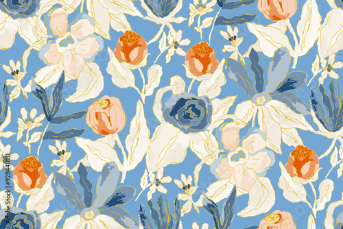 Abstract floral seamless pattern. Bright colors, gouache painting.hand drawn, not AI
