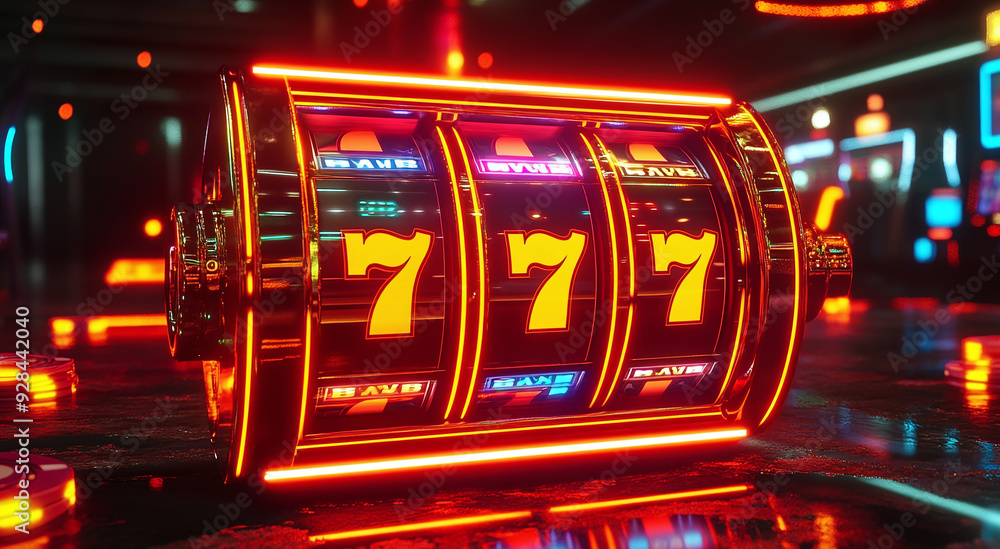 neon slot machine wins jackpot, close-up. Casino concept neon slot machine wins jackpot, close-up. Casino concept