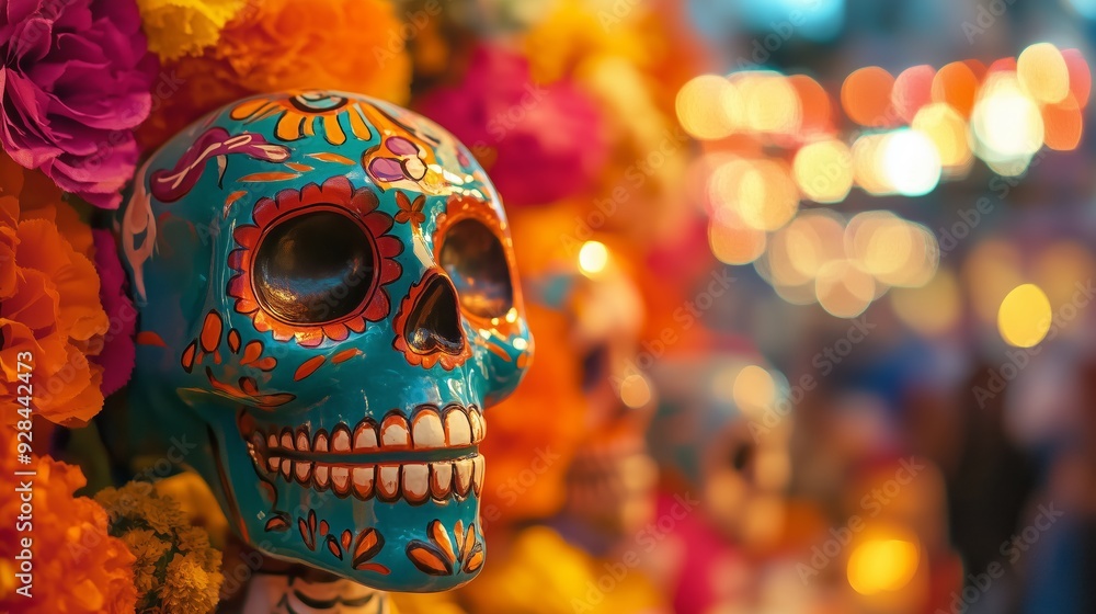 Day of the Dead Skull with Flowers and Candles Close-Up Day of the Dead Skull with Flowers and Candles Close-Up