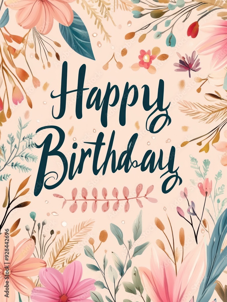 Obraz premium A decorative birthday greeting featuring floral designs and the text 