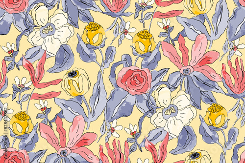 Abstract floral seamless pattern. Bright colors, gouache painting.hand drawn, not AI