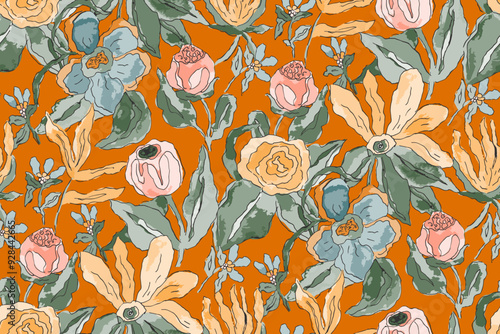 Abstract floral seamless pattern. Bright colors, gouache painting.hand drawn, not AI