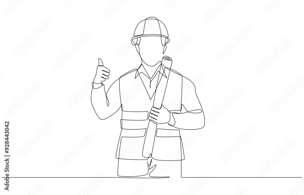 Continuous one line drawing of civil engineer holding roll paper of construction design with thumbs up, engineering and construction concept, single line art. Continuous one line drawing of civil engineer holding roll paper of construction design with thumbs up, engineering and construction concept, single line art.