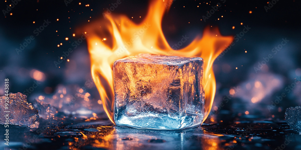 Conceptual photograph of an ice cube engulfed in flames, symbolizing the contrast between fire and ice. Conceptual photograph of an ice cube engulfed in flames, symbolizing the contrast between fire and ice.