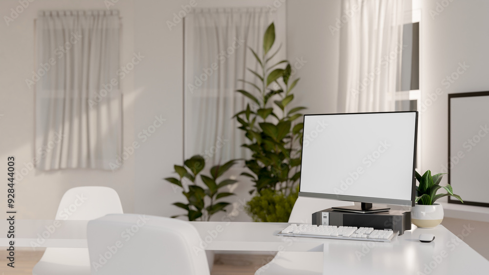 A computer with a white-screen mockup on a white reception desk in a minimalist white office. A computer with a white-screen mockup on a white reception desk in a minimalist white office.