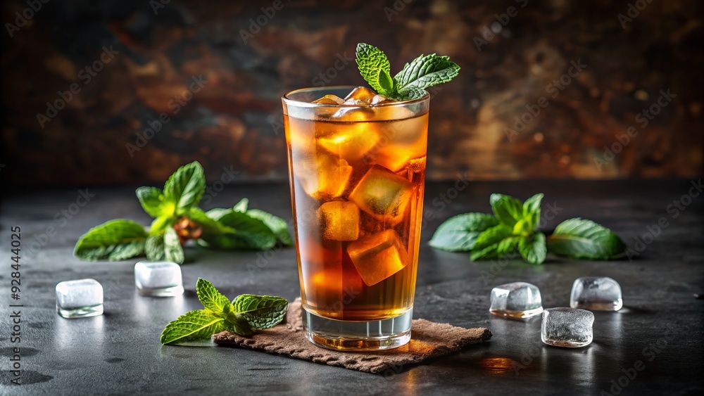 a tall glass filled with amber-colored sweet iced tea, garnished with a few floating ice cubes and a sprig of fresh mint. a tall glass filled with amber-colored sweet iced tea, garnished with a few floating ice cubes and a sprig of fresh mint.