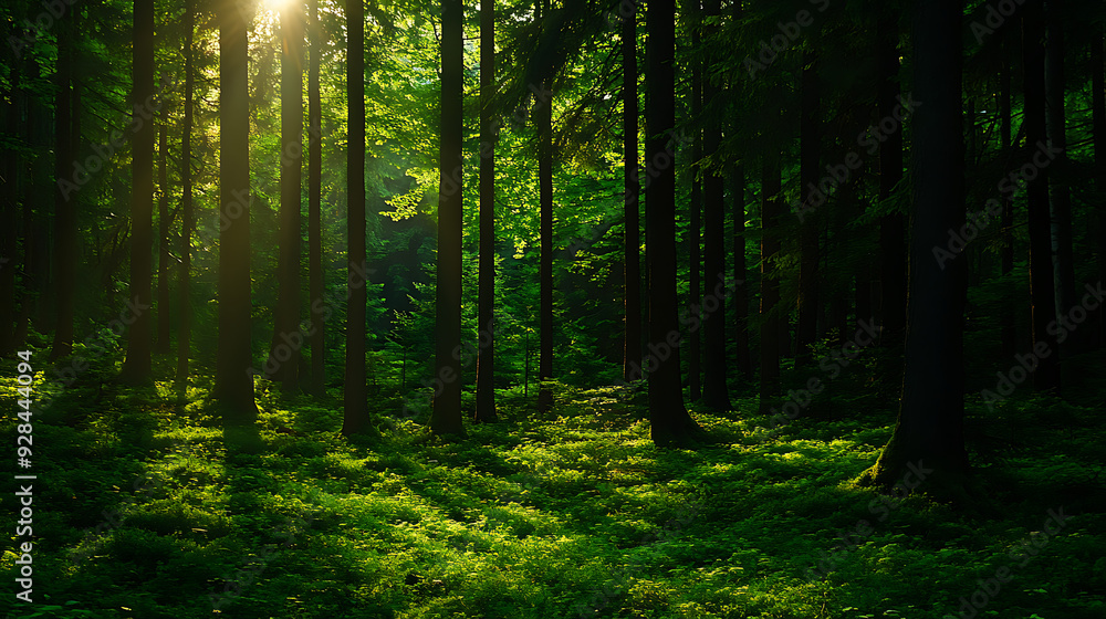 Fototapeta premium Sunlight streams through a dense forest. AI generated