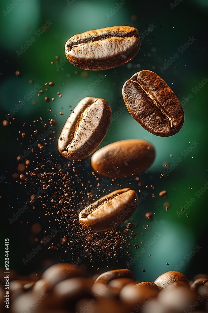 This shows a few coffee beans falling with some coffee grounds around them. This shows a few coffee beans falling with some coffee grounds around them.