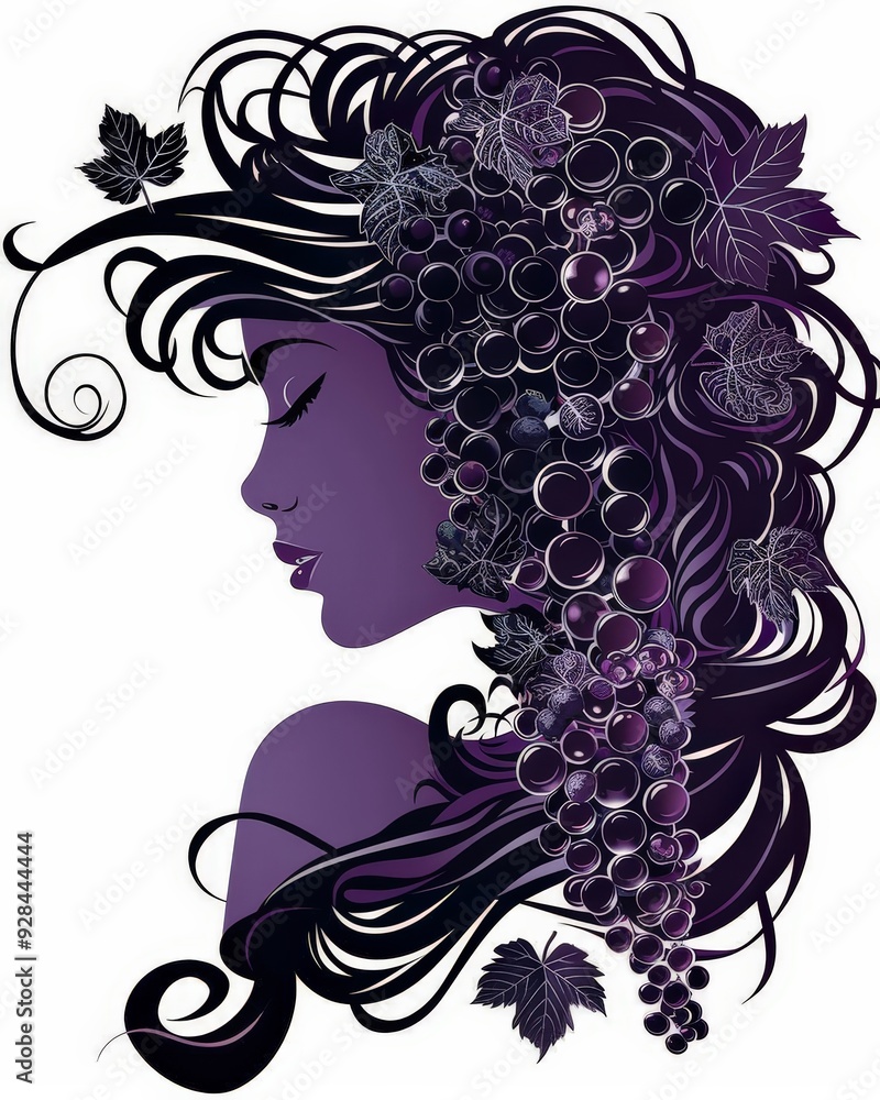Φωτογραφία It's an illustration of a woman with purple grapes in her hair and around her head