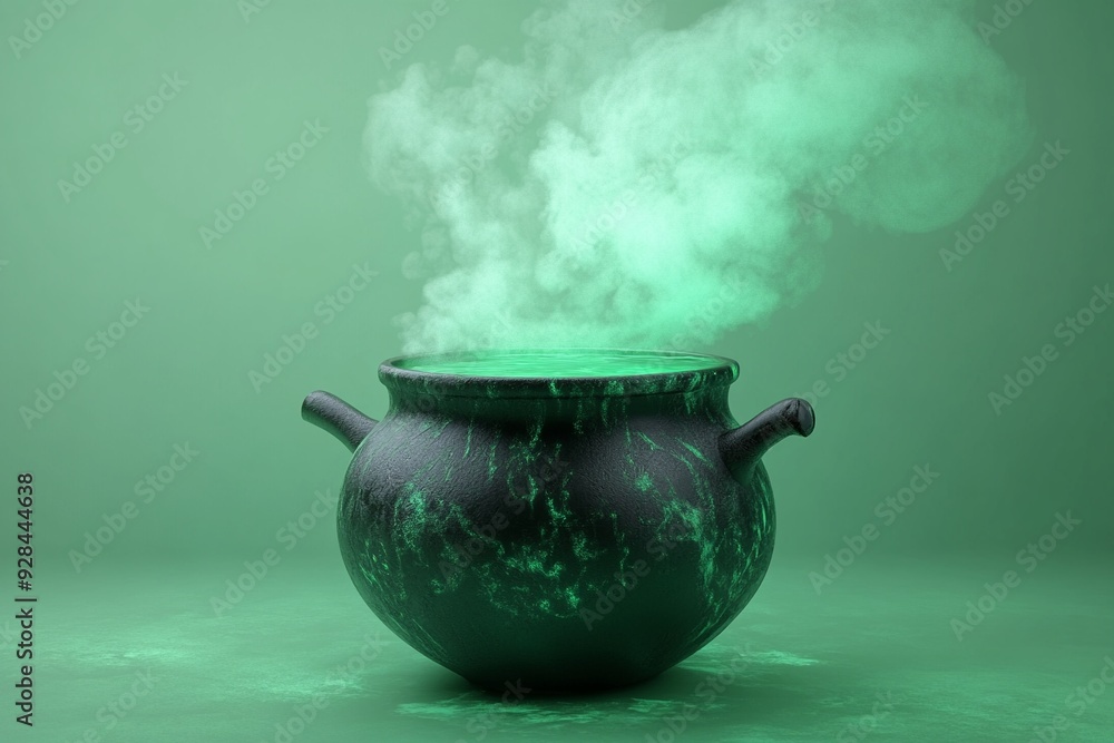 A 3D cauldron with green bubbling liquid on a pastel mint background emitting a gentle A 3D cauldron with green bubbling liquid on a pastel mint background emitting a gentle