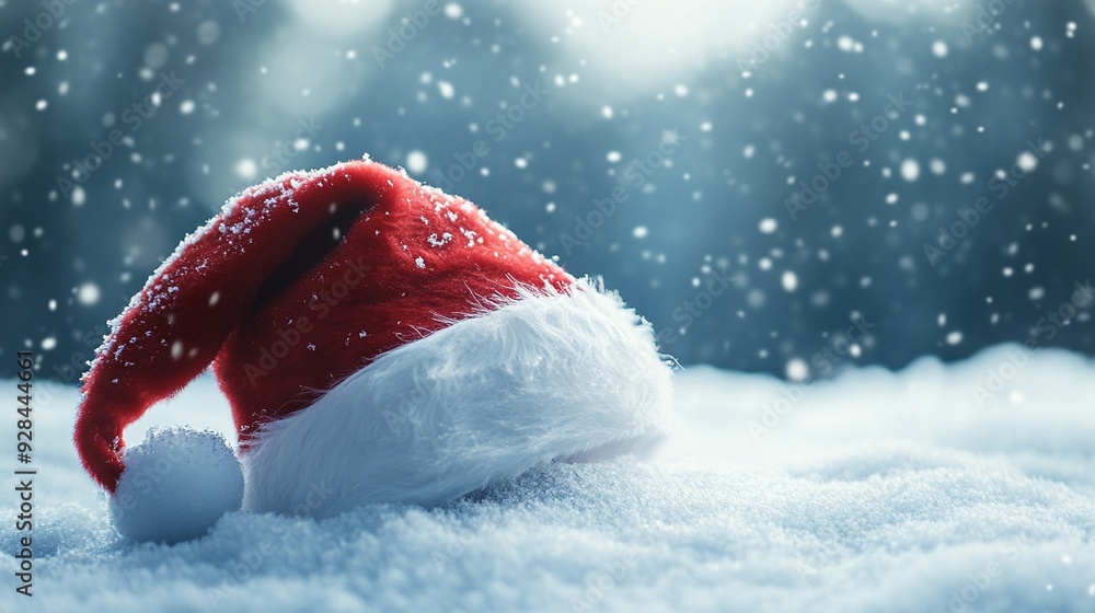 A 3D Santa hat with a fluffy pom-pom on a snowy background A 3D Santa hat with a fluffy pom-pom on a snowy background