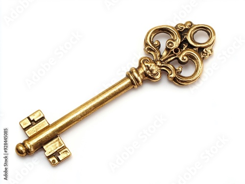 A shiny golden key on a white background