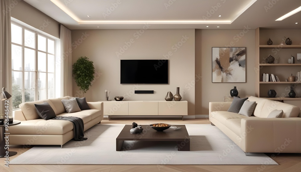 3d rendering of a luxury and modern living room showcasing a beige leather sofa, 3d rendering of a luxury and modern living room showcasing a beige leather sofa,
