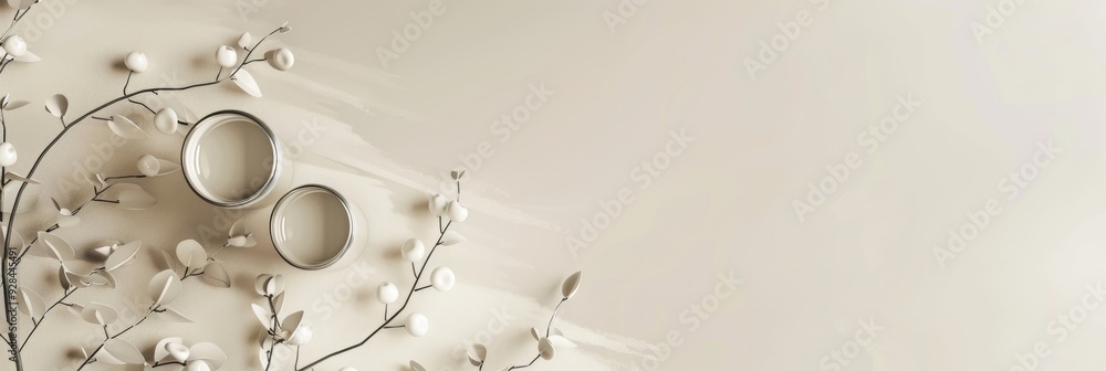 Obraz premium This image features a minimalist arrangement of white flowers and candles on a beige background, creating a sense of peace, serenity, and simplicity.