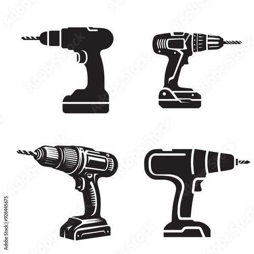 Silhouettes of Various Cordless Power Drill Types