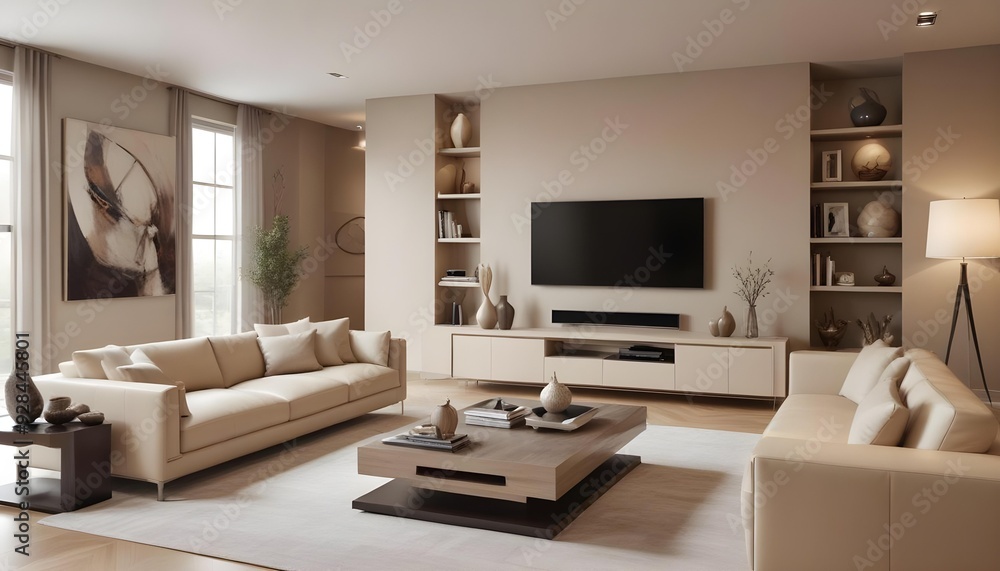3d rendering of a luxury and modern living room showcasing a beige leather sofa, 3d rendering of a luxury and modern living room showcasing a beige leather sofa,