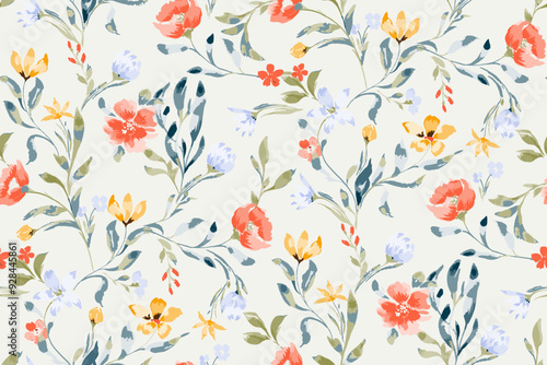 Cute feminine watercolor seamless pattern with wildflowers.hand drawn, not AI