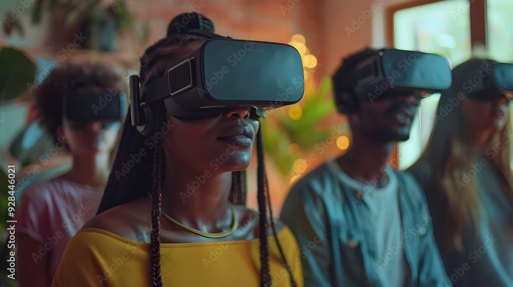 Naklejka premium Friends Engaging in Collaborative Virtual Puzzle Game with VR Headsets in Room