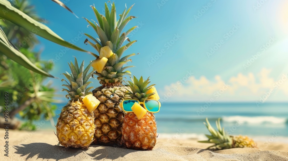 Three pineapples on a sandy beach, one wearing sunglasses, symbolizing summer vacation, tropical getaways, fun, relaxation, and fruity refreshment. Three pineapples on a sandy beach, one wearing sunglasses, symbolizing summer vacation, tropical getaways, fun, relaxation, and fruity refreshment.