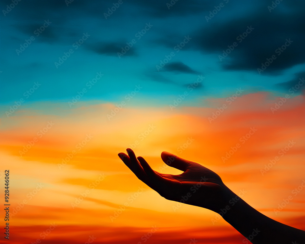 A silhouetted hand reaching out against a vibrant sunset, symbolizing hope and connection with nature's beauty. A silhouetted hand reaching out against a vibrant sunset, symbolizing hope and connection with nature's beauty.