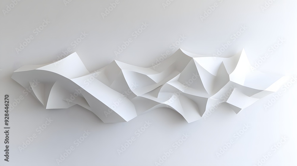 71. Dynamic 3D wall art showcasing floating geometric prisms and smooth curves creating a modern design against a pristine white background. 71. Dynamic 3D wall art showcasing floating geometric prisms and smooth curves creating a modern design against a pristine white background.