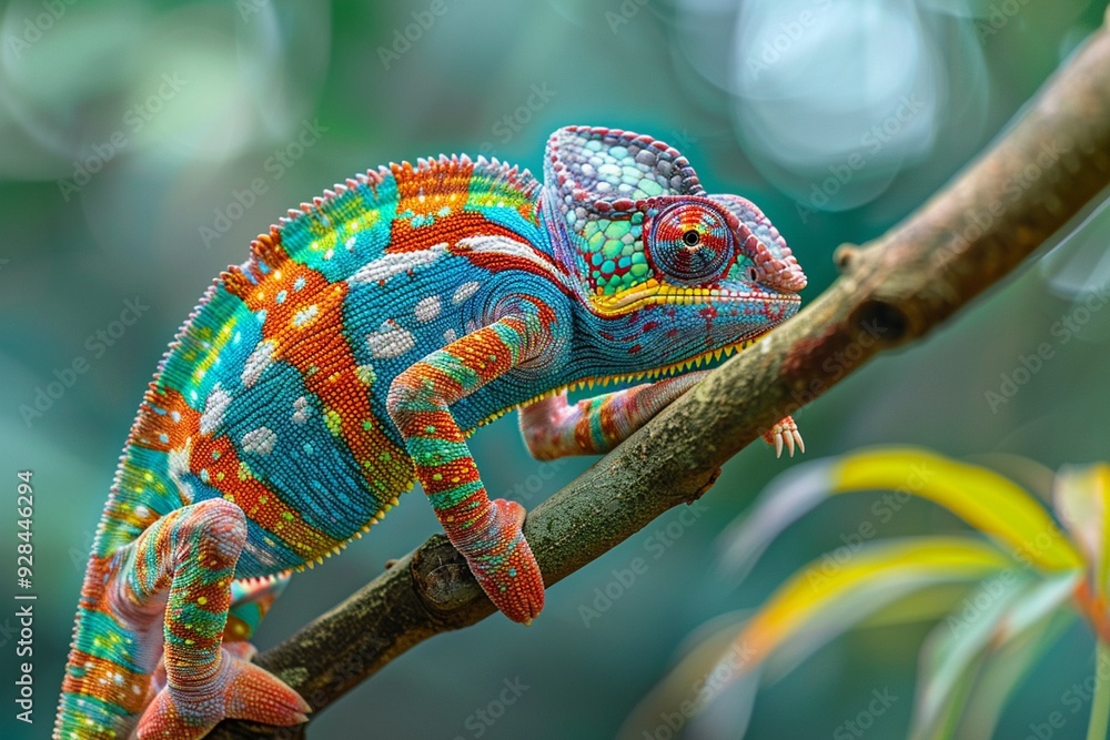 Fototapeta A brightly colored chameleon changing color on a branch copy space for highlighting adaptability or versatility. (Change