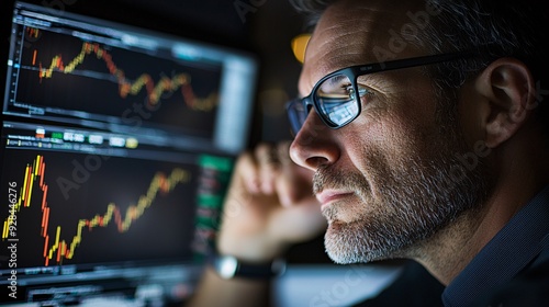 A financial analyst examines stock market charts on a computer screen, with a notepad nearby showing notes on dollar-cost averaging strategies. The image provides ample copy space for text or design