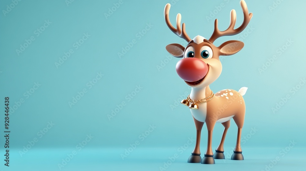 A 3D cartoon reindeer with a shiny nose on a pastel blue background A 3D cartoon reindeer with a shiny nose on a pastel blue background