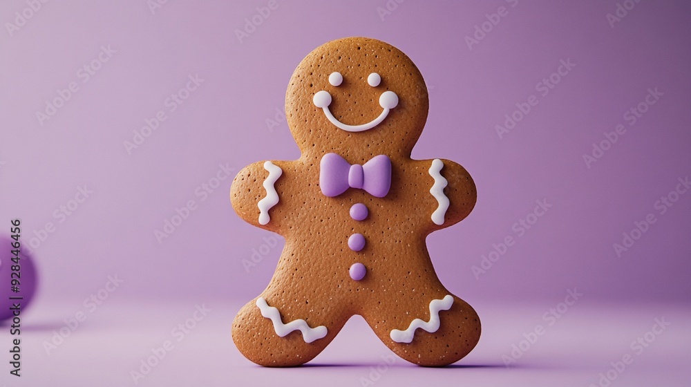 A 3D gingerbread man with a cute bow tie on a pastel lavender background A 3D gingerbread man with a cute bow tie on a pastel lavender background