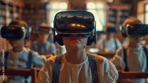 Students Wearing VR Headsets Exploring Historical Site in Classroom Virtual Field Trip