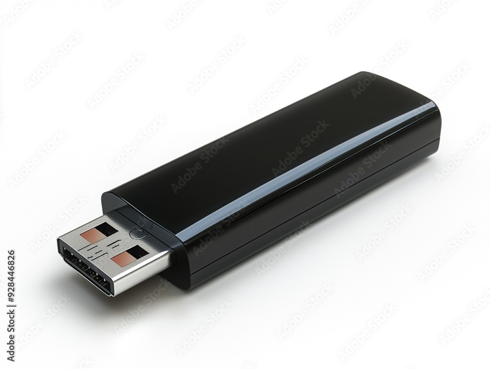 A black USB drive on a white background A black USB drive on a white background