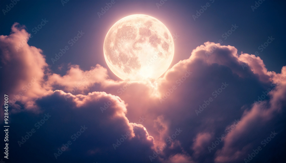 Obraz premium Moonlight on a cloudy night. Full moon. Moon in clouds