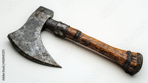 Antique axe with intricate metalwork, aged wood handle, studio lighting,