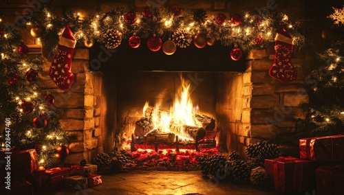 Cozy Christmas Fireplace with Stockings, Garland, and Festive Decorations photo