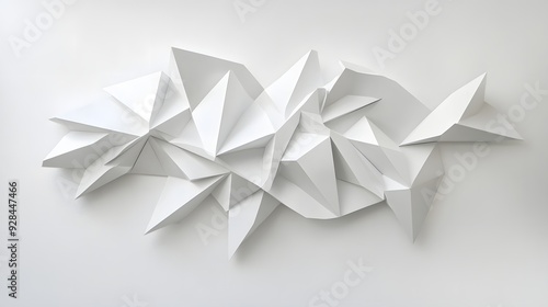 74. Futuristic 3D wall art with layered shapes and floating prisms creating a sophisticated geometric pattern on white.