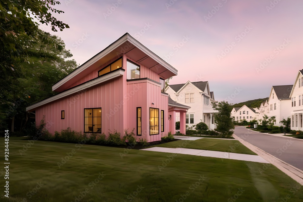Pink house with modern contemporary architecture and calm nature real estate landscape Pink house with modern contemporary architecture and calm nature real estate landscape