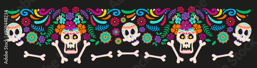 Dia de los muertos festive background. Mexican Halloween tradition festival. Day of dead sugar skull isolated frame, border design template. Vector illustration for banner, poster, invitation.