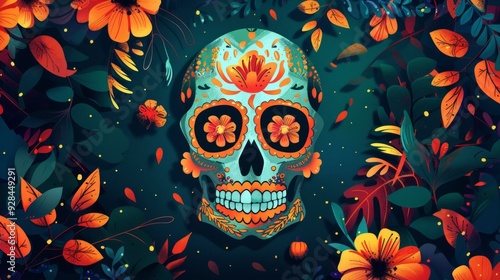 A Halloween themed skull surrounded by vibrant flowers and foliage in a naive art style