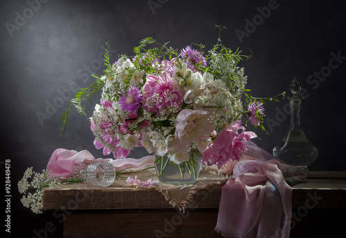 Still life with a bouquet of peonies, cornflowers and jasmine on a dark background