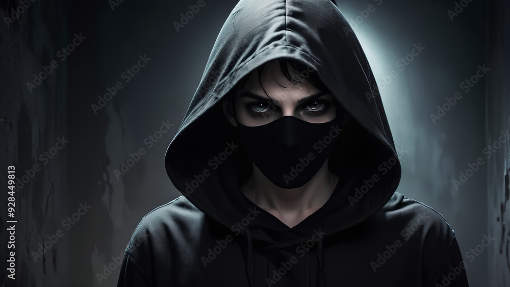 Enigmatic hooded individual Thief Gloomy background Enigmatic hooded individual Thief Gloomy background