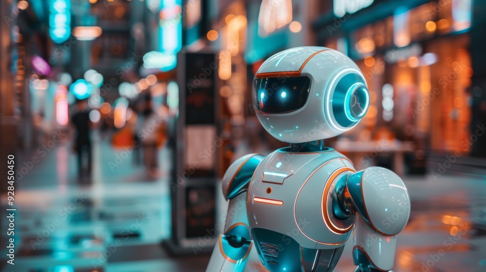A humanoid robot greets visitors in a bustling urban street illuminated by vibrant neon lights at night A humanoid robot greets visitors in a bustling urban street illuminated by vibrant neon lights at night