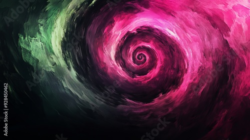 Swirling pink and green abstract design in a cosmic style