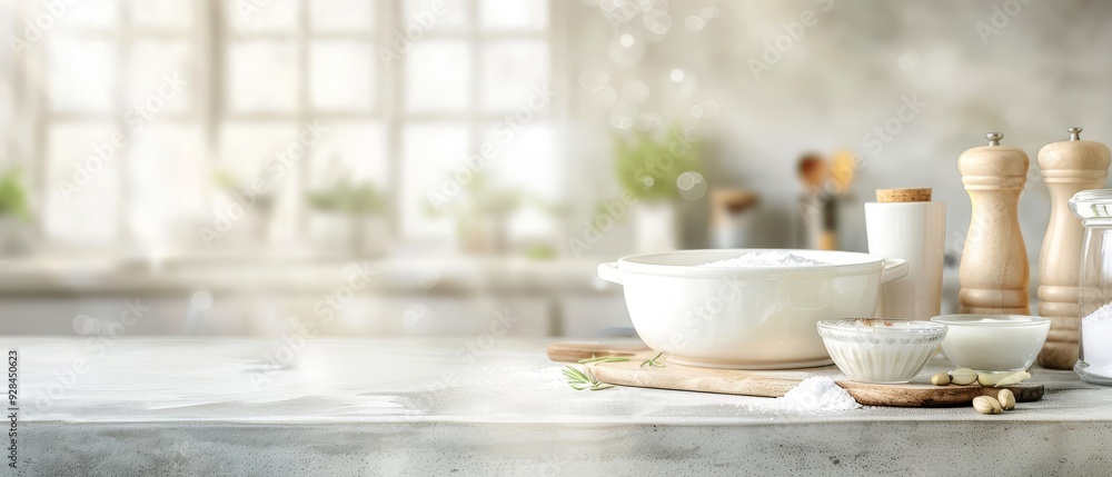 A serene kitchen countertop featuring elegant bowls, a pepper mill, and herbs, perfect for culinary inspiration and food photography. A serene kitchen countertop featuring elegant bowls, a pepper mill, and herbs, perfect for culinary inspiration and food photography.