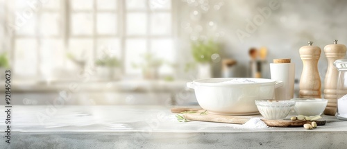Wallpaper Mural A serene kitchen countertop featuring elegant bowls, a pepper mill, and herbs, perfect for culinary inspiration and food photography. Torontodigital.ca