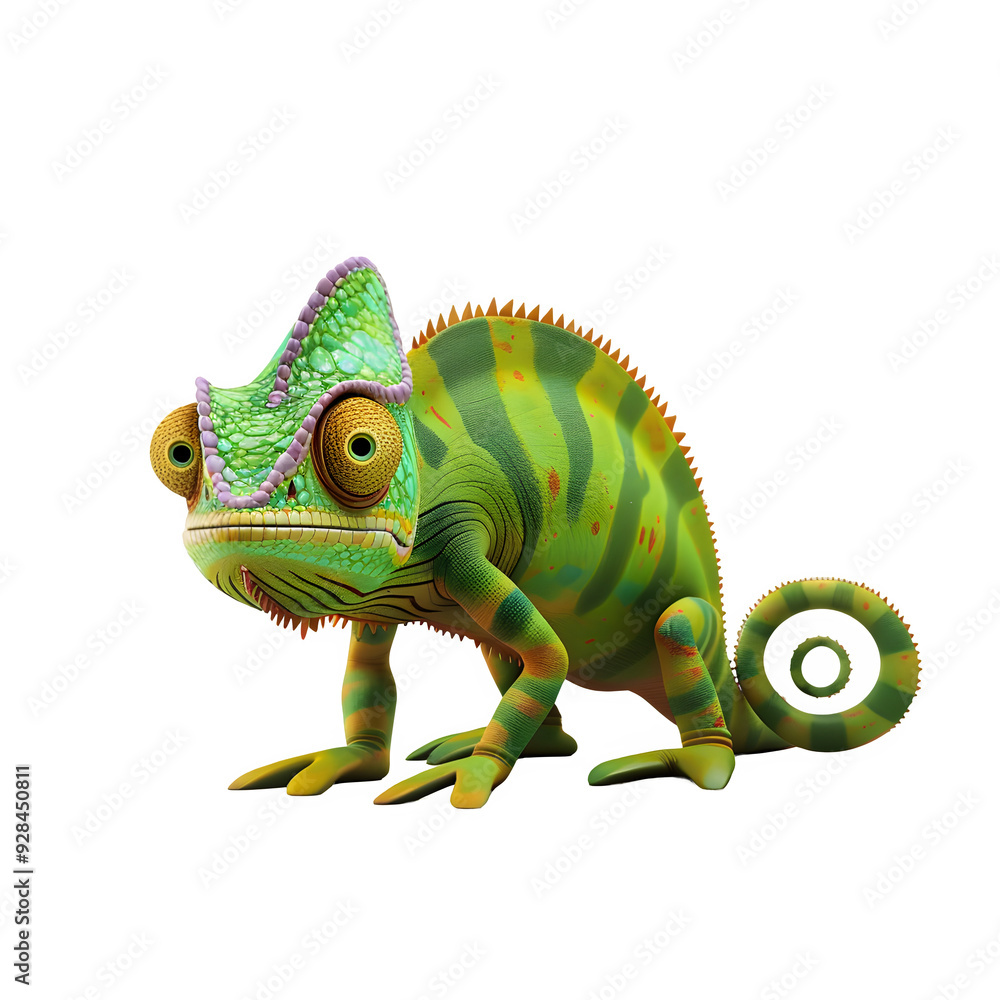 Colorful chameleon displaying its vibrant green and yellow hues with intricate patterns, isolated on a transparent background, showcasing its unique features Colorful chameleon displaying its vibrant green and yellow hues with intricate patterns, isolated on a transparent background, showcasing its unique features