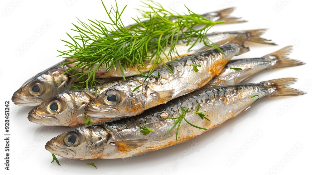 Three fish sitting with dill, white surface Three fish sitting with dill, white surface