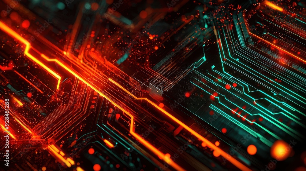 Abstract Circuit Board with Red and Green Glowing Lines. Abstract Circuit Board with Red and Green Glowing Lines.